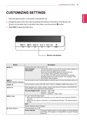 Page 11\b\b
ENGENGLISH
CUSTOMIZING SETTINGS
CUSTOMIZING	SETTINGS
1	 Press	the	desired	button	on	the	bottom	of	the	Monitor	set.
2	 Change	the	value	of	the	menu	item	by	pressing	the	buttons	on	the	bottom	of	the	Monitor	set.
To	return	to	the	upper	menu	or	set	other	menu	items,	use	the	up	arrow	()	button.
3	 Select	EXIT	to	leave	the	OSD	menu.
Monitor	set	Buttons
ButtonDescription
Accesses	the	main	menus.(See	p.12)
OSD	LOCKED/UNLOCKEDThis	function	allows	you	to	lock	the	current	control	settings,	so	that	they	cannot...