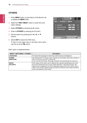 Page 16\b6
ENGENGLISH
CUSTOMIZING SETTINGS
OTHERS
1	 Press	MENU	button	on	the	bottom	of	the	Monitor	set	
to	display	the	MENU	OSD.		
2	 Select	the	"NEXT	MENU"	button	to	enter	the	more	
option	settings.	
3	 Select	OTHERS	by	pressing	the	►	button.	
4	 Enter	to	OTHERS	by	pressing	the	▼	button.
5	 Set	the	options	by	pressing	the	◄	or	►	or	▼	
buttons.
6	 Select	EXIT	to	leave	the	OSD	menu.
To	return	to	the	upper	menu	or	set	other	menu	items,	
use	the	up	arrow	()	button.
Each	option	is	explained	below.
MENU	>...