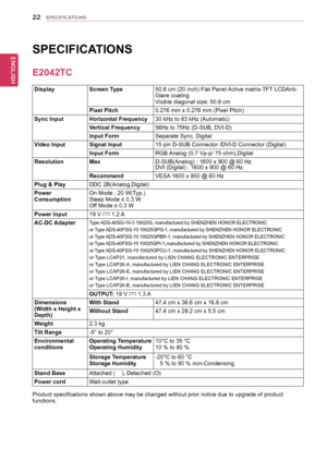 Page 2222
ENGENGLISH
SPECIFICATIONS
	
SPECIFICATIONS	
DisplayScreen	Type50.8	cm	(20	inch)	Flat	Panel	Active	matrix-TFT	LCDAnti-Glare	coatingVisible	diagonal	size:	50.8	cm
Pixel	Pitch0.276	mm	x	0.276	mm	(Pixel	Pitch)
Sync	InputHorizontal	Frequency30	kHz	to	83	kHz	(Automatic)
Vertical	Frequency56Hz	to	75Hz	(D-SUB,	DVI-D)
Input	FormSeparate	Sync.	Digital
Video	InputSignal	Input15	pin	D-SUB	Connector	/DVI-D	Connector	(Digital)
Input	FormRGB	Analog	(0.7	Vp-p/	75	ohm),Digital
ResolutionMaxD-SUB(Analog)	:	1600	x	900	@...