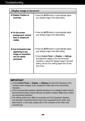 Page 2423
Troubleshooting
Display image is incorrect
Display Position is
incorrect.
On the screen
background, vertical
bars or stripes are
visible.
Any horizontal noise
appearing in any
image or characters
are not clearly
portrayed.• Press the AUTObutton to automatically adjust
your display image to the ideal setting. 
• Press the AUTObutton to automatically adjust
your display image to the ideal setting.
• Press the AUTObutton to automatically adjust
your display image to the ideal setting.
• Check Control...