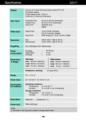 Page 2827
Specifications                                                                    E2211T
54.6 cm (21.5 inch) Flat Panel Active matrix-TFT LCD Anti-Glare coating 
Visible diagonal size : 54.6 cm0.248 mm x 0.248 mm (Pixel pitch)
Display
Horizontal Freq. 30 kHz to 83 kHz (Automatic)
Vertical Freq. 56 Hz to 75 Hz (Automatic)
Input Form Separate Sync.
DigitalSync Input
Signal Input 15 pin D-Sub Connector
DVI-D Connector (Digital)
Input Form RGB Analog (0.7 Vp-p/ 75 ohm), DigitalVideo Input
Max VESA 1920 x...