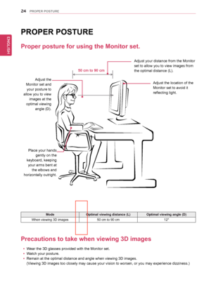 Page 2424
ENGENGLISH
PROPER POSTURE
Proper posture for using the Monitor set.
PROPER POSTURE
ModeOptimal viewing distance (L) Optimal viewing angle (D)
When viewing 3D images 50 cm to 90 cm 12°
Precautions to take when viewing 3D images
 yWear the 3D glasses provided with the Monitor set.
 yWatch your posture.
 yRemain at the optimal distance and angle when viewing 3D images.
(Viewing 3D images too closely may cause your vision to worsen, or you may\
 experience dizziness.) 50 cm to 90 cm
Adjust the 
Monitor...