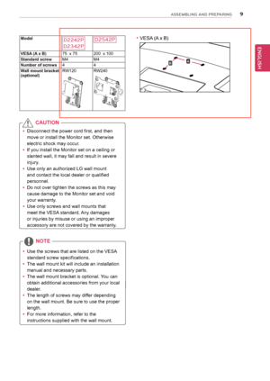 Page 99
ENGENGLISH
ASSEMBLING AND PREPARING
 yDisconnect the power cord first, and then 
move or install the Monitor set. Otherwise 
electric shock may occur.
 yIf you install the Monitor set on a ceiling or 
slanted wall, it may fall and result in severe 
injury. 
 yUse only an authorized LG wall mount 
and contact the local dealer or qualified 
personnel.
 y Do not over tighten the screws as this may 
cause damage to the Monitor set and void 
your warranty. 
 y Use only screws and wall mounts that 
meet the...