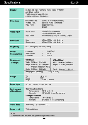 Page 2827
Specifications                                                                    E2210P
55.8 cm (22 inch) Flat Panel Active matrix-TFT LCD Anti-Glare coating 
Visible diagonal size : 55.8cm
0.282 x 0.282 mm (Pixel pitch)
Display
Horizontal Freq. 30 kHz to 83 kHz (Automatic)
Vertical Freq. 56 Hz to 75 Hz (Automatic)
Input Form Separate Sync.
DigitalSync Input
Signal Input 15 pin D-Sub Connector
DVI-D Connector (Digital)
Input Form RGB Analog (0.7 Vp-p/ 75 ohm), DigitalVideo Input
Max VESA 1680 x 1050...