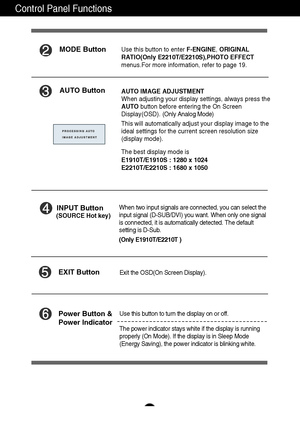 Page 1312
Control Panel Functions
AUTO ButtonAUTO IMAGE ADJUSTMENT
When adjusting your display settings, always press the
AUTObutton before entering the On Screen
Display(OSD). (Only Analog Mode)
This will automatically adjust your display image to the
ideal settings for the current screen resolution size
(display mode).
The best display mode is
E1910T/E1910S : 1280 x 1024
E2210T/E2210S : 1680 x 1050
INPUT Button
Use this button to turn the display on or off.
The power indicator stays white if the display is...