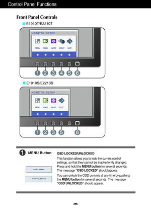 Page 1211
Control Panel Functions
Front Panel Controls
MENU ButtonOSD LOCKED/UNLOCKED
This function allows you to lock the current control
settings, so that they cannot be inadvertently changed.
Press and hold the MENU buttonfor several seconds.
The message OSD LOCKEDshould appear.
You can unlock the OSD controls at any time by pushing
the MENU buttonfor several seconds. The message
OSD UNLOCKEDshould appear.
E1910T/E2210T
E1910S/E2210S
 