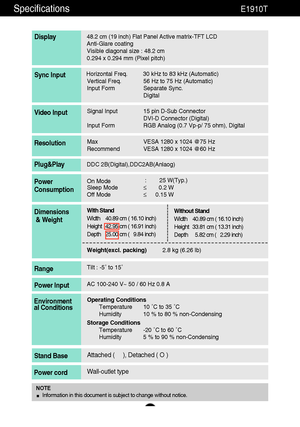 Page 2827
48.2 cm (19 inch) Flat Panel Active matrix-TFT LCD Anti-Glare coating 
Visible diagonal size : 48.2cm
0.294 x 0.294 mm (Pixel pitch)
Display
Horizontal Freq. 30 kHz to 83 kHz (Automatic)
Vertical Freq. 56 Hz to 75 Hz (Automatic)
Input Form Separate Sync.
DigitalSync Input
Signal Input 15 pin D-Sub Connector
DVI-D Connector (Digital)
Input Form RGB Analog (0.7 Vp-p/ 75 ohm), DigitalVideo Input
Max VESA 1280 x 1024 @75 Hz
Recommend VESA 1280 x 1024 @60 HzResolution
Plug&Play
On Mode:25 W(Typ.)Sleep...