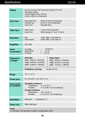 Page 3130
55.8 cm (22 inch) Flat Panel Active matrix-TFT LCD Anti-Glare coating 
Visible diagonal size : 55.8cm
0.282 x 0.282 mm (Pixel pitch)
Display
Horizontal Freq. 30 kHz to 83 kHz (Automatic)
Vertical Freq. 56 Hz to 75 Hz (Automatic)
Input Form Separate Sync.Sync Input
Signal Input 15 pin D-Sub Connector
Input Form RGB Analog (0.7 Vp-p/ 75 ohm)Video Input
Max VESA 1680 x 1050 @60 Hz
Recommend VESA 1680 x 1050 @60 HzResolution
Plug&Play
On Mode:28 W(Typ.)
Sleep Mode≤0.2 W
Off Mode≤0.15 WPower
Consumption...