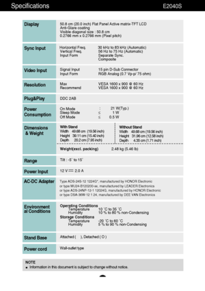 Page 3231
Specifications                                                          E2040S
50.8 cm (20.0 inch) Flat Panel Active matrix-TFT LCD Anti-Glare coating 
Visible diagonal size : 50.8cm
0.2766 mm x 0.2766 mm (Pixel pitch)
Display
Horizontal Freq. 30 kHz to 83 kHz (Automatic)
Vertical Freq. 56 Hz to 75 Hz (Automatic)
Input Form Separate Sync.
Composite Sync Input
Signal Input 15 pin D-Sub Connector
Input Form RGB Analog (0.7 Vp-p/ 75 ohm)Video Input
Max VESA 1600 x 900 @ 60 Hz
Recommend VESA 1600 x 900 @...