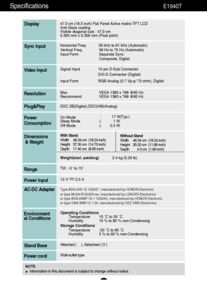 Page 2928
Specifications                                                          E1940T
47.0 cm (18.5 inch) Flat Panel Active matrix-TFT LCD Anti-Glare coating 
Visible diagonal size : 47.0cm
0.300 mm x 0.300 mm (Pixel pitch)
Display
Horizontal Freq. 30 kHz to 61 kHz (Automatic)
Vertical Freq. 56 Hz to 75 Hz (Automatic)
Input Form Separate Sync.
Composite, DigitalSync Input
Signal Input 15 pin D-Sub Connector
DVI-D Connector (Digital)
Input Form RGB Analog (0.7 Vp-p/ 75 ohm), DigitalVideo Input
Max VESA 1360 x...