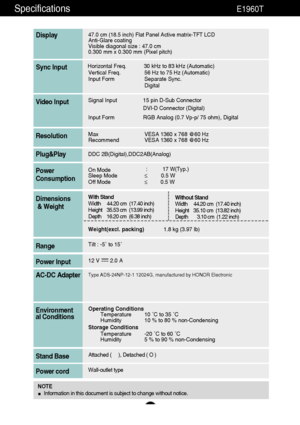 Page 3736
Specifications                                                          E1960T
47.0 cm (18.5 inch) Flat Panel Active matrix-TFT LCD Anti-Glare coating 
Visible diagonal size : 47.0cm
0.300 mm x 0.300 mm (Pixel pitch)
Display
Horizontal Freq. 30 kHz to 83 kHz (Automatic)
Vertical Freq. 56 Hz to 75 Hz (Automatic)
Input Form Separate Sync.
DigitalSync Input
Signal Input 15 pin D-Sub Connector
DVI-D Connector (Digital)
Input Form RGB Analog (0.7 Vp-p/ 75 ohm), DigitalVideo Input
Max VESA 1360 x 768 @60...