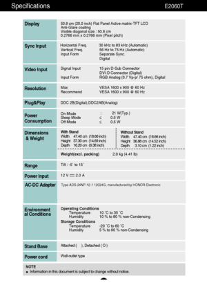 Page 3938
Specifications                                                          E2060T
50.8 cm (20.0 inch) Flat Panel Active matrix-TFT LCD Anti-Glare coating 
Visible diagonal size : 50.8cm
0.2766 mm x 0.2766 mm (Pixel pitch)
Display
Horizontal Freq. 30 kHz to 83 kHz (Automatic)
Vertical Freq. 56 Hz to 75 Hz (Automatic)
Input Form Separate Sync.
DigitalSync Input
Signal Input 15 pin D-Sub Connector
DVI-D Connector (Digital)
Input Form RGB Analog (0.7 Vp-p/ 75 ohm), DigitalVideo Input
Max VESA 1600 x 900 @ 60...