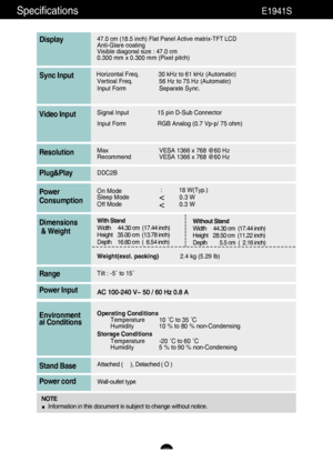 Page 2423
Specifications                                                          \
E1941S
47.0 cm (18.5 inch) Flat Panel Active matrix-TFT LCD Anti-Glare coating 
Visible diagonal size : 47.0cm
0.300 mm x 0.300 mm (Pixel pitch)
Display
Horizontal Freq. 30 kHz to 61 kHz (Automatic)
Vertical Freq. 56 Hz to 75 Hz (Automatic)
Input Form Separate Sync.Sync Input
Signal Input 15 pin D-Sub Connector
Input FormRGB Analog (0.7 Vp-p/ 75 ohm)Video Input
Max VESA 1366 x 768 @60 Hz
Recommend VESA 1366 x 768 @60...