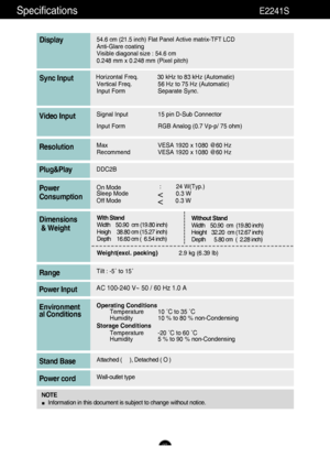 Page 2827
Specifications                                                          \
E2241S
54.6 cm (21.5 inch) Flat Panel Active matrix-TFT LCD Anti-Glare coating 
Visible diagonal size : 54.6cm
0.248 mm x 0.248 mm (Pixel pitch)
Display
Horizontal Freq. 30 kHz to 83 kHz (Automatic) Vertical Freq. 56 Hz to 75 Hz (Automatic)
Input Form Separate Sync.Sync Input
Signal Input15 pin D-Sub Connector
Input Form RGB Analog (0.7 Vp-p/ 75 ohm)Video Input
MaxVESA 1920 x 1080 @60 Hz
Recommend VESA 1920 x 1080 @60...