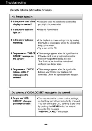 Page 2019
Troubleshooting
No image appears
Check the following before calling for service.
No image appears
Do you see a OSD LOCKED message on the screen?
Is the power cord of the
display connected?
 Is the power indicator
light on?
 Is the power indicator
flickering?
 Do you see an OUT OF
RANGE message on
the screen?
 Do you see a CHECK
SIGNAL CABLE
message on the
screen?• Check and see if the power cord is connected
properly to the power outlet.
• Press the Power button.
• If the display is in power...