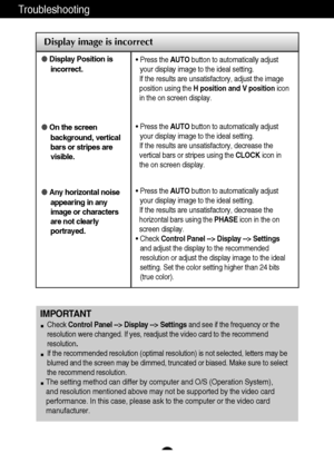 Page 2625
Troubleshooting
Display image is incorrect
Display Position is
incorrect.
On the screen
background, vertical
bars or stripes are
visible.
Any horizontal noise
appearing in any
image or characters
are not clearly
portrayed.• Press the AUTObutton to automatically adjust
your display image to the ideal setting. 
If the results are unsatisfactory, adjust the image
position using the H position and V positionicon
in the on screen display.
• Press the AUTObutton to automatically adjust
your display image...