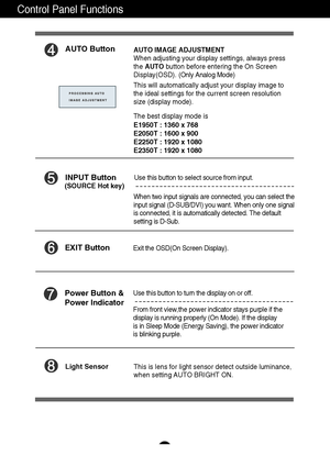 Page 1312
Control Panel Functions
AUTO ButtonAUTO IMAGE ADJUSTMENT
When adjusting your display settings, always press
the AUTObutton before entering the On Screen
Display(OSD). (Only Analog Mode)
This will automatically adjust your display image to
the ideal settings for the current screen resolution
size (display mode).
The best display mode is
E1950T : 1360 x 768
E2050T : 1600 x 900
E2250T : 1920 x 1080
E2350T : 1920 x 1080
INPUT Button
Use this button to turn the display on or off.
From front view,the power...