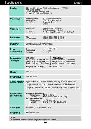 Page 2928
Specifications                                                          E2050T
50.8 cm (20.0 inches) Flat Panel Active matrix-TFT LCD Anti-Glare coating 
Visible diagonal size : 50.8cm
0.2766 x 0.2766 mm (Pixel pitch)
Display
Horizontal Freq. 30 - 83 kHz (Automatic)
Vertical Freq. 56 - 75 Hz (Automatic)
Input Form Separate Sync.
DigitalSync Input
Signal Input 15 pin D-Sub Connector
DVI-D Connector (Digital)
Input Form RGB Analog (0.7 Vp-p/ 75 ohm), DigitalVideo Input
Max VESA 1600 x 900 @ 60 Hz...