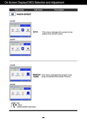 Page 2322
On Screen Display(OSD) Selection and Adjustment 
Main menu Sub menu Description
Exit: Exit,     : Move: Select another sub-menu
SEPIAThis menu changes the screen to be
Sepia tone (brown color). 
MONOCH
-ROMEThis menu changed the screen to be
Gray tone(black-and-white Picture) .
E1910PM
E2210PM
E1910PM
E2210PM
 