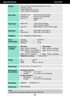 Page 2827
Specifications                                                                 E2210PM
55.8 cm (22 inch) Flat Panel Active matrix-TFT LCD Anti-Glare coating 
Visible diagonal size : 55.8cm
0.282 x 0.282 mm (Pixel pitch)
Display
Horizontal Freq. 30 kHz to 83 kHz (Automatic)
Vertical Freq. 56 Hz to 75 Hz (Automatic)
Input Form Separate Sync.
DigitalSync Input
Signal Input 15 pin D-Sub Connector
DVI-D Connector (Digital)
Input Form RGB Analog (0.7 Vp-p/ 75 ohm), DigitalVideo Input
Max VESA 1680 x 1050...