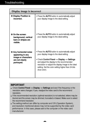 Page 2322
Troubleshooting
Display image is incorrect
Display Position is
incorrect.
On the screen
background, vertical
bars or stripes are
visible.
Any horizontal noise
appearing in any
image or characters
are not clearly
portrayed.• Press the AUTObutton to automatically adjust
your display image to the ideal setting. 
• Press the AUTObutton to automatically adjust
your display image to the ideal setting.
• Press the AUTObutton to automatically adjust
your display image to the ideal setting.
• Check Control...