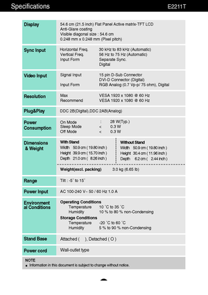 Page 2726
Specifications                                                                    E2211T
54.6 cm (21.5 inch) Flat Panel Active matrix-TFT LCD Anti-Glare coating 
Visible diagonal size : 54.6 cm0.248 mm x 0.248 mm (Pixel pitch)
Display
Horizontal Freq. 30 kHz to 83 kHz (Automatic)
Vertical Freq. 56 Hz to 75 Hz (Automatic)
Input Form Separate Sync.
DigitalSync Input
Signal Input 15 pin D-Sub Connector
DVI-D Connector (Digital)
Input Form RGB Analog (0.7 Vp-p/ 75 ohm), DigitalVideo Input
Max VESA 1920 x...