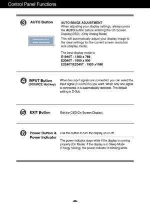 Page 1211
Control Panel Functions
AUTO ButtonAUTO IMAGE ADJUSTMENT
When adjusting your display settings, always press
the AUTObutton before entering the On Screen
Display(OSD). (Only Analog Mode)
This will automatically adjust your display image to
the ideal settings for the current screen resolution
size (display mode).
The best display mode is
E1940T : 1360 x 768
E2040T : 1600 x 900
E2240T/E2340T : 1920 x1080 
INPUT Button
Use this button to turn the display on or off.
The power indicator stays white if the...