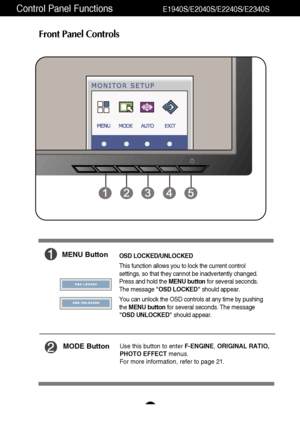 Page 1312
Control Panel Functions                    E1940S/E2040S/E2240S/E2340S
Front Panel Controls
MODE ButtonUse this button to enter F-ENGINE, ORIGINAL RATIO,
PHOTO EFFECTmenus.
For more information, refer to page 21.
MENU ButtonOSD LOCKED/UNLOCKED
This function allows you to lock the current control
settings, so that they cannot be inadvertently changed.
Press and hold the MENU buttonfor several seconds.
The message OSD LOCKEDshould appear.
You can unlock the OSD controls at any time by pushing
the MENU...
