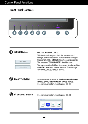 Page 1211
Control Panel Functions
Front Panel Controls
SMART+ ButtonUse this button to enter AUTO BRIGHT,ORIGINAL
RATIO, DUAL WEB,CINEMA MODEmenus.
For more information, refer to page 19~21.
MENU ButtonOSD LOCKED/UNLOCKED
This function allows you to lock the current control
settings, so that they cannot be inadvertently changed.
Press and hold the MENU buttonfor several seconds.
The message OSD LOCKEDshould appear.
You can unlock the OSD controls at any time by pushing
the MENU buttonfor several seconds. The...