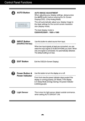 Page 1413
Control Panel Functions
AUTO ButtonAUTO IMAGE ADJUSTMENT
When adjusting your display settings, always press
the AUTObutton before entering the On Screen
Display(OSD). (Only Analog Mode)
This will automatically adjust your display image to
the ideal settings for the current screen resolution
size (display mode).
The best display mode is
E2250V/E2350V : 1920 x 1080
INPUT Button
Use this button to turn the display on or off.
From front view,the power indicator stays purple if the 
display is running...