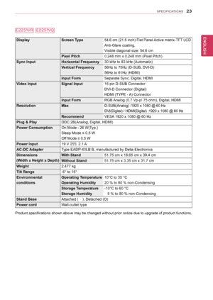 Page 2323
ENGENGLISH
SPECIFICATIONS
E2251VRE2251VQ
DisplayScreen	Type54.6 cm (21.5 inch) Flat Panel Active matrix-TFT LCD
Anti-Glare coating. 
Visible diagonal size: 
54.6 cm
Pixel	Pitch0.248 mm x 0.248 mm (Pixel Pitch)
Sync	InputHorizontal	Frequency30 kHz to 83 kHz (Automatic)
Vertical	Frequency56Hz to 75Hz (D-SUB, DVI-D)
56Hz to 61Hz (HDMI)
Input	Form	Separate Sync. Digital. HDMI
Video	InputSignal	Input15 pin D-SUB Connector 
DVI-D Connector (Digital)
HDMI (TYPE - A) Connector
Input	FormRGB Analog (0.7 Vp-p/...