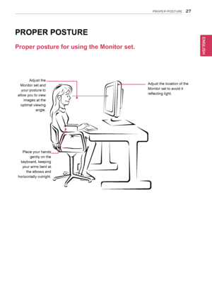 Page 272\b
ENGENGLISH
P\fOPE\f POSTU\fE
Proper	posture	for	using	the	Monitor	set.
PROPER	POSTURE
Adjust	the	
Monitor	set	and	
your	posture	to	
allow	you	to	view	
images	at	the	
optimal	viewing	
angle.
Place	your	hands	
gently	on	the	
keyboard,	keeping	
your	arms	bent	at	
the	elbows	and	
horizontally	outright.
Adjust	the	location	of	the	
Monitor	set	to	avoid	it	
reflecting	light.
  