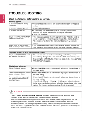 Page 1818
ENGENGLISH
TROUBLESHOOTING
  
y Check Control Panel ► Display ► Settings
 and see if the frequency or the resolution were 
changed.  If yes, readjust the video card to the recommend resolution.
 
y If the recommended resolution (optimal resolution) is not selected, le\
tters may be blurred and the 
screen may be dimmed, truncated or biased. Make sure to select the recom\
mend resolution.
 
y The setting method can differ by computer and O/S (Operating System), and resolution mentioned 
above may not...