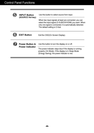 Page 1312
Control Panel Functions
INPUT Button
Use this button to turn the display on or off.
The power indicator stays blue if the display is running
properly (On Mode). If the display is in Sleep Mode
(Energy Saving), the power indicator is red. Power Button &
Power Indicator
(SOURCE Hot key)
Exit the OSD(On Screen Display).
EXIT Button 
When two input signals at least are connected, you can
select the input signal (D-SUB/DVI/HDMI) you want. When
only one signal is connected, it is automatically detected.
The...