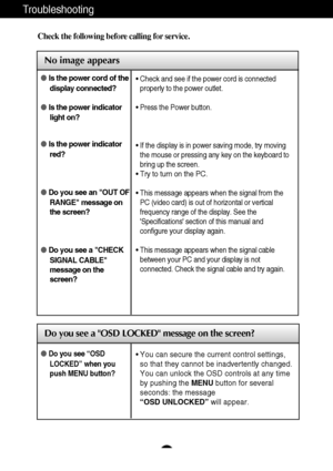 Page 2827
Troubleshooting
No image appears
Check the following before calling for service.
No image appears
Do you see a OSD LOCKED message on the screen?
Is the power cord of the
display connected?
Is the power indicator
light on?
Is the power indicator
red?
Do you see an OUT OF
RANGE message on
the screen?
Do you see a CHECK
SIGNAL CABLE
message on the
screen?• Check and see if the power cord is connected
properly to the power outlet.
• Press the Power button.
• If the display is in power saving mode,...