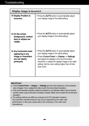 Page 2928
Troubleshooting
Display image is incorrect
Display Position is
incorrect.
On the screen
background, vertical
bars or stripes are
visible.
Any horizontal noise
appearing in any
image or characters
are not clearly
portrayed.• Press the AUTObutton to automatically adjust
your display image to the ideal setting. 
• Press the AUTObutton to automatically adjust
your display image to the ideal setting.
• Press the AUTObutton to automatically adjust
your display image to the ideal setting.
• Check Control...