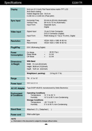 Page 3130
Specifications                                                                  E2281TR
54.6 cm (21.5 inch) Flat Panel Active matrix-TFT LCD Anti-Glare coating 
Visible diagonal size : 54.6 cm
0.248 mm x 0.248 mm (Pixel pitch)
Display
Horizontal Freq. 30 kHz to 83 kHz (Automatic)
Vertical Freq. 56 Hz to 75 Hz (Automatic)
Input Form Separate Sync.
DigitalSync Input
Signal Input 15 pin D-Sub Connector
DVI-D Connector (Digital)
Input Form RGB Analog (0.7 Vp-p/ 75 ohm), DigitalVideo Input
Max VESA 1920 x...