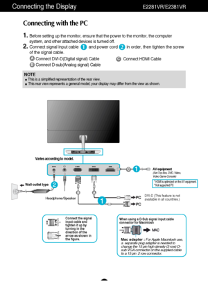 Page 98
A
B
Connect DVI-D(Digital signal) Cable
Connect D-sub(Analog signal) Cable 
1.Before setting up the monitor, ensure that the power to the monitor, the computer
system, and other attached devices is turned off.  
2.Connect signal input cable         and power cord        in order, then tighten the screw
of the signal cable. 
Connecting with the PC 
12
Wall-outlet type
Varies according to model.
NOTE  This is a simplified representation of the rear view.
This rear view represents a general model; your...