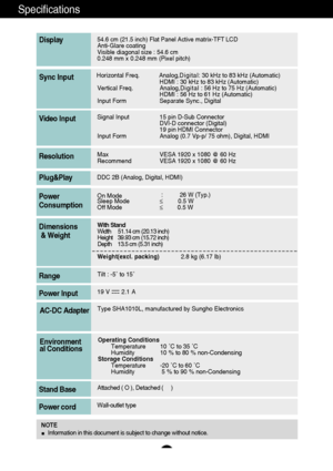 Page 2423
Specifications                                                          \
54.6 cm (21.5 inch) Flat Panel Active matrix-TFT LCD Anti-Glare coating 
Visible diagonal size : 54.6cm
0.248 mm x 0.248 mm (Pixel pitch)
Display
Sync Input
Video Input
Max VESA 1920 x 1080 @ 60 Hz
Recommend VESA 1920 x 1080 @ 60 HzResolution
Plug&Play
On Mode :26 W (Typ.)Sleep Mode
≤0.5 W 
Off Mode ≤0.5 WPower
Consumption
Operating Conditions
Temperature 10 ˚C to 35 ˚C
Humidity 10 % to 80 % non-Condensing
Storage Conditions...