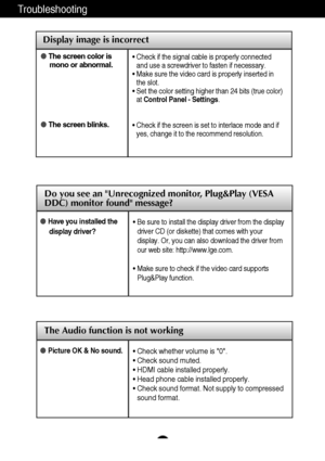 Page 2423
Troubleshooting
The Audio function is not working
Display image is incorrect
The screen color is
mono or abnormal.
The screen blinks.• Check if the signal cable is properly connected
and use a screwdriver to fasten if necessary.
• Make sure the video card is properly inserted in
the slot.
• Set the color setting higher than 24 bits (true color)
at Control Panel - Settings.
• Check if the screen is set to interlace mode and if
yes, change it to the recommend resolution.
Picture OK & No sound.• Check...