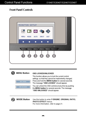 Page 1110
Control Panel Functions                    E1940T/E2040T/E2240T/E2340T
Front Panel Controls
MODE ButtonUse this button to enter F-ENGINE, ORIGINAL RATIO,
PHOTO EFFECTmenus.
For more information, refer to page 21.
MENU ButtonOSD LOCKED/UNLOCKED
This function allows you to lock the current control
settings, so that they cannot be inadvertently changed.
Press and hold the MENU buttonfor several seconds.
The message OSD LOCKEDshould appear.
You can unlock the OSD controls at any time by pushing
the MENU...