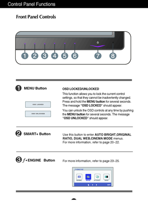 Page 1312
Control Panel Functions
Front Panel Controls
SMART+ ButtonUse this button to enter AUTO BRIGHT,ORIGINAL
RATIO, DUAL WEB,CINEMA MODEmenus.
For more information, refer to page 20~22.
MENU ButtonOSD LOCKED/UNLOCKED
This function allows you to lock the current control
settings, so that they cannot be inadvertently changed.
Press and hold the MENU buttonfor several seconds.
The message OSD LOCKEDshould appear.
You can unlock the OSD controls at any time by pushing
the MENU buttonfor several seconds. The...