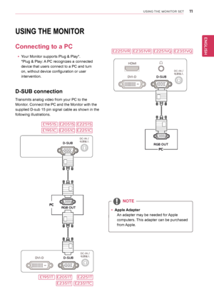 Page 1111
ENGENGLISH
USING THE MONITOR SET
D-SUB
DC-IN /Có=N^Q #
RGB OUT
D-SUBDVI-D
DC-IN /Có=N^Q #
HDMI
D-SUB
DVI-D
RGB OUT
DC-IN /Có=N^Q #
USING THE MONITOR
Connecting to a PC
 y Your Monitor supports Plug & Play*.          
*Plug & Play: A PC recognizes a connected 
device that users connect to a PC and turn 
on, without device configuration or user 
intervention.
D-SUB connection
Transmits analog video from your PC to the 
Monitor. Connect the PC and the Monitor with the 
supplied D-sub 15 pin signal cable...