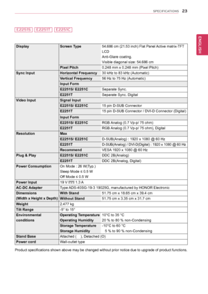 Page 2323
ENGENGLISH
SPECIFICATIONS
DisplayScreen Type54.686 cm (21.53 inch) Flat Panel Active matrix-TFT 
LCD
Anti-Glare coating.
Visible diagonal size: 
54.686 cm
Pixel Pitch 0.248 mm x 0.248 mm (Pixel Pitch)
Sync Input Horizontal Frequency30 kHz to 83 kHz (Automatic)
Vertical Frequency 56 Hz to 75 Hz (Automatic)
Input Form
E2251S/ E2251C Separate Sync.
E2251T Separate Sync. Digital
Video Input Signal Input
E2251S/ E2251C15 pin D-SUB Connector
E2251T  15 pin D-SUB Connector / DVI-D Connector (Digital)
Input...