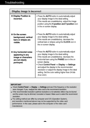 Page 3433
Troubleshooting
Display image is incorrect
Display Position is
incorrect.
On the screen
background, vertical
bars or stripes are
visible.
Any horizontal noise
appearing in any
image or characters
are not clearly
portrayed.• Press the AUTObutton to automatically adjust
your display image to the ideal setting. 
If the results are unsatisfactory, adjust the image
position using the H position and V positionicon
in the on screen display.
• Press the AUTObutton to automatically adjust
your display image...