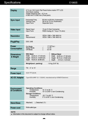 Page 3635
Specifications                                                          \
E1960S
47.0 cm (18.5 inch) Flat Panel Active matrix-TFT LCD Anti-Glare coating 
Visible diagonal size : 47.0cm
0.300 mm x 0.300 mm (Pixel pitch)
Display
Horizontal Freq. 30 kHz to 83 kHz (Automatic) Vertical Freq. 56 Hz to 75 Hz (Automatic)
Input Form Separate Sync.Sync Input
Signal Input15 pin D-Sub Connector
Input Form RGB Analog (0.7 Vp-p/ 75 ohm)Video Input
MaxVESA 1360 x 768 @60 Hz
Recommend VESA 1360 x 768 @60...