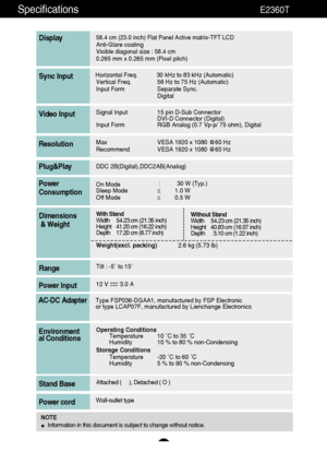 Page 4443
Specifications                                                          \
E2360T
58.4 cm (23.0 inch) Flat Panel Active matrix-TFT LCD Anti-Glare coating 
Visible diagonal size : 58.4cm
0.265 mm x 0.265 mm (Pixel pitch)
Display
Horizontal Freq. 30 kHz to 83 kHz (Automatic) Vertical Freq. 56 Hz to 75 Hz (Automatic)
Input Form Separate Sync.
DigitalSync Input
Signal Input 15 pin D-Sub Connector
DVI-D Connector (Digital)
Input Form RGB Analog (0.7 Vp-p/ 75 ohm), DigitalVideo Input
MaxVESA 1920 x 1080 @60...