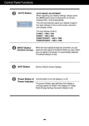 Page 1514
Control Panel Functions
AUTO ButtonAUTO IMAGE ADJUSTMENT
When adjusting your display settings, always press
the AUTObutton before entering the On Screen
Display(OSD). (Only Analog Mode)
This will automatically adjust your display image to
the ideal settings for the current screen resolution
size (display mode).
The best display mode is
E1960T : 1360 x 768
E2060T : 1600 x 900
E2260T/E2360T : 1920 x 1080 
E2260V/E2360V : 1920 x 1080
INPUT Button
Use this button to turn the display on or off.
The power...