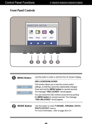 Page 1211
Control Panel Functions                    E1960S/E2060S/E2260S/E2360S
Front Panel Controls
MODE ButtonUse this button to enter F-ENGINE, ORIGINAL RATIO,
PHOTO EFFECTmenus.
For more information, refer to page 26 to 31.
MENU Button
OSD LOCKED/UNLOCKED
This function allows you to lock the current control
settings, so that they cannot be inadvertently changed.
Press and hold the MENU buttonfor several seconds.
The message OSD LOCKEDshould appear.
You can unlock the OSD controls at any time by pushing
the...