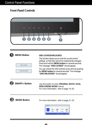 Page 109
Control Panel Functions
Front Panel Controls
SMART+ ButtonUse this button to enter ORIGINAL RATIO, DUAL
WEB,CINEMA MODEmenus.
For more information, refer to page 19~20.
MENU ButtonOSD LOCKED/UNLOCKED
This function allows you to lock the current control
settings, so that they cannot be inadvertently changed.
Press and hold the MENU buttonfor several seconds.
The message OSD LOCKEDshould appear.
You can unlock the OSD controls at any time by pushing
the MENU buttonfor several seconds. The message
OSD...